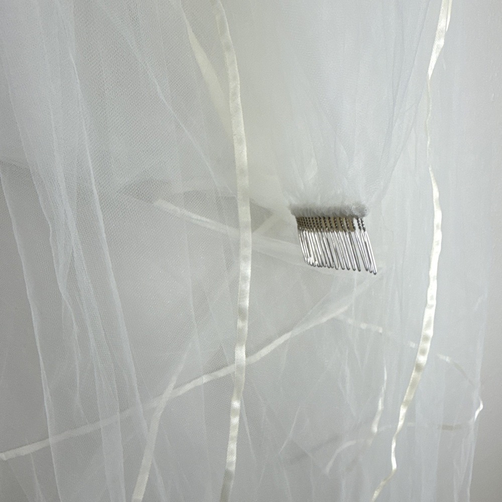 About You by Norby Moreno Cathedral Bridal Veil White Tulle Ivory Trim Blusher - Picture 4 of 7